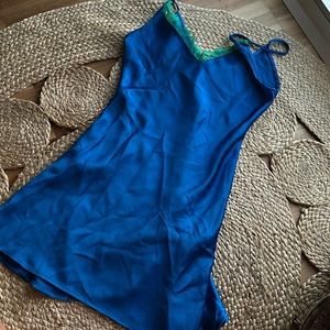Silk blue dress with green lace details